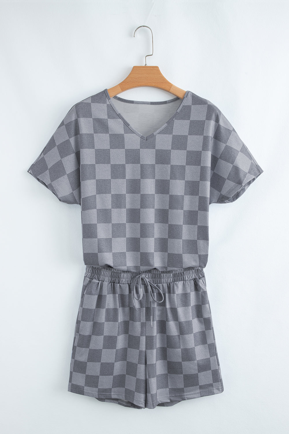 checkered v neck tee drawstring shorts lounge set 2
