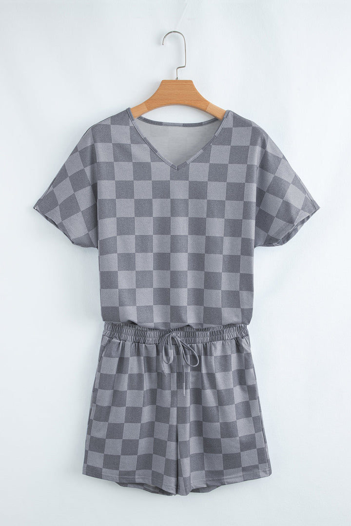 checkered v neck tee drawstring shorts lounge set 2