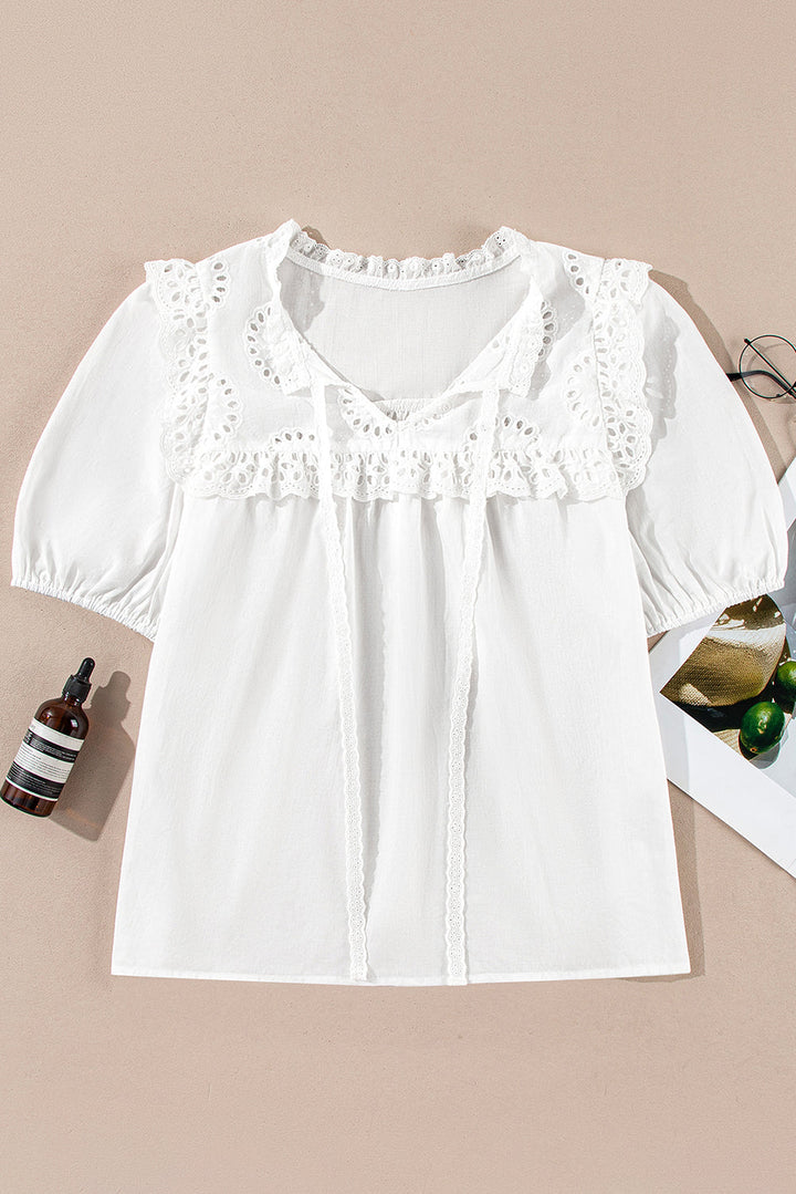 Embroidered Lace Patchwork Tie Neck Puff Short Sleeve Blouse