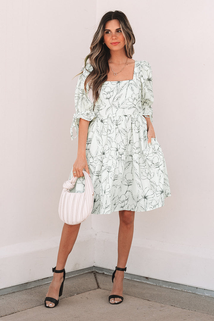 Floral Print Square Neck Shirred Back Puff Sleeve Mini Dress
