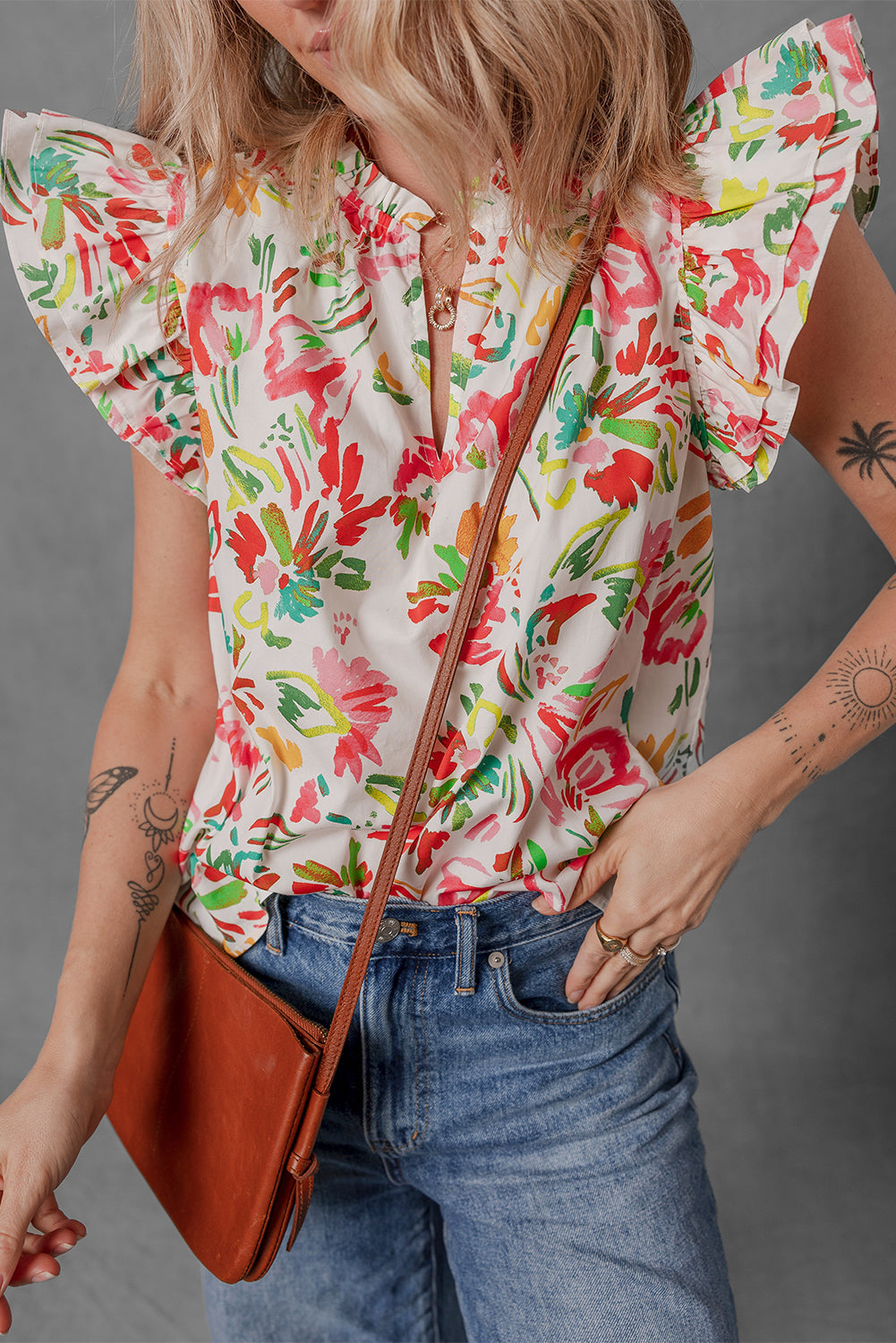 allover floral printed flutter sleeve split neck blouse