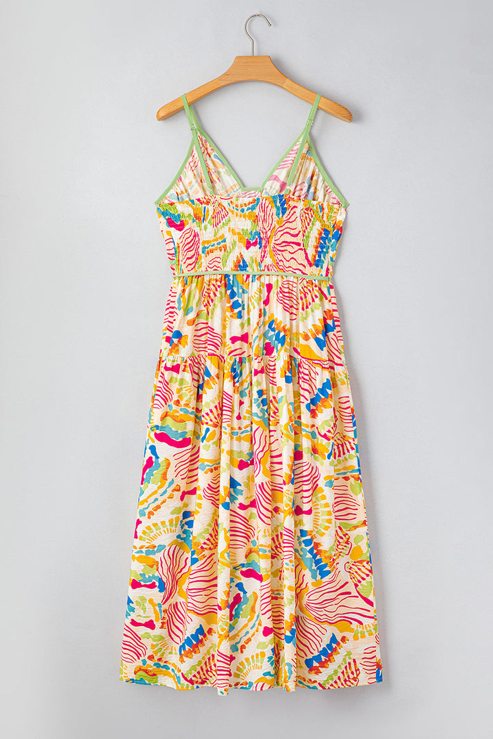 Abstract Print Spaghetti Strap Piping Detail Maxi Dres