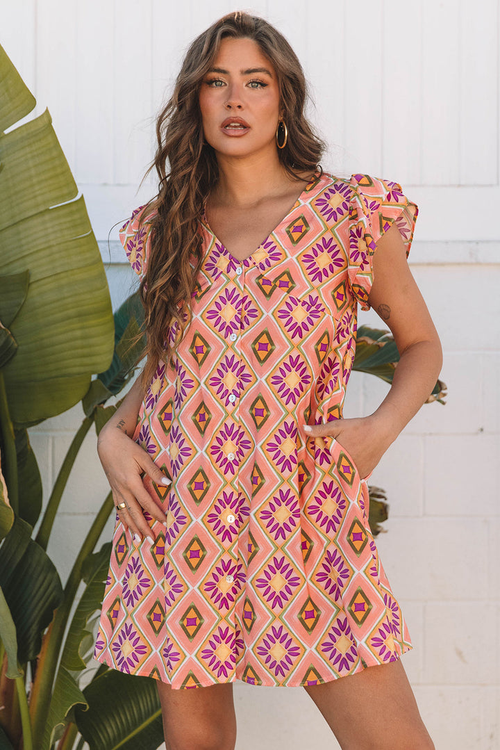 Geometric Floral V Neck Buttoned Ruffled Sleeve Mini Dress