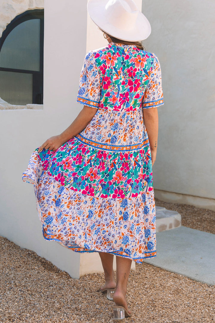 Mixed Floral Print Tie Split Neck Short Sleeve Dress