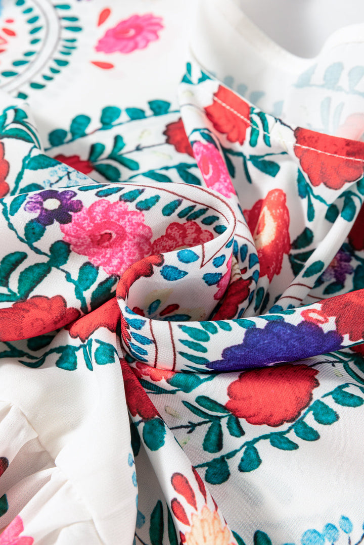 Boho Floral Print Round Neck Ruffle Trim Blouse