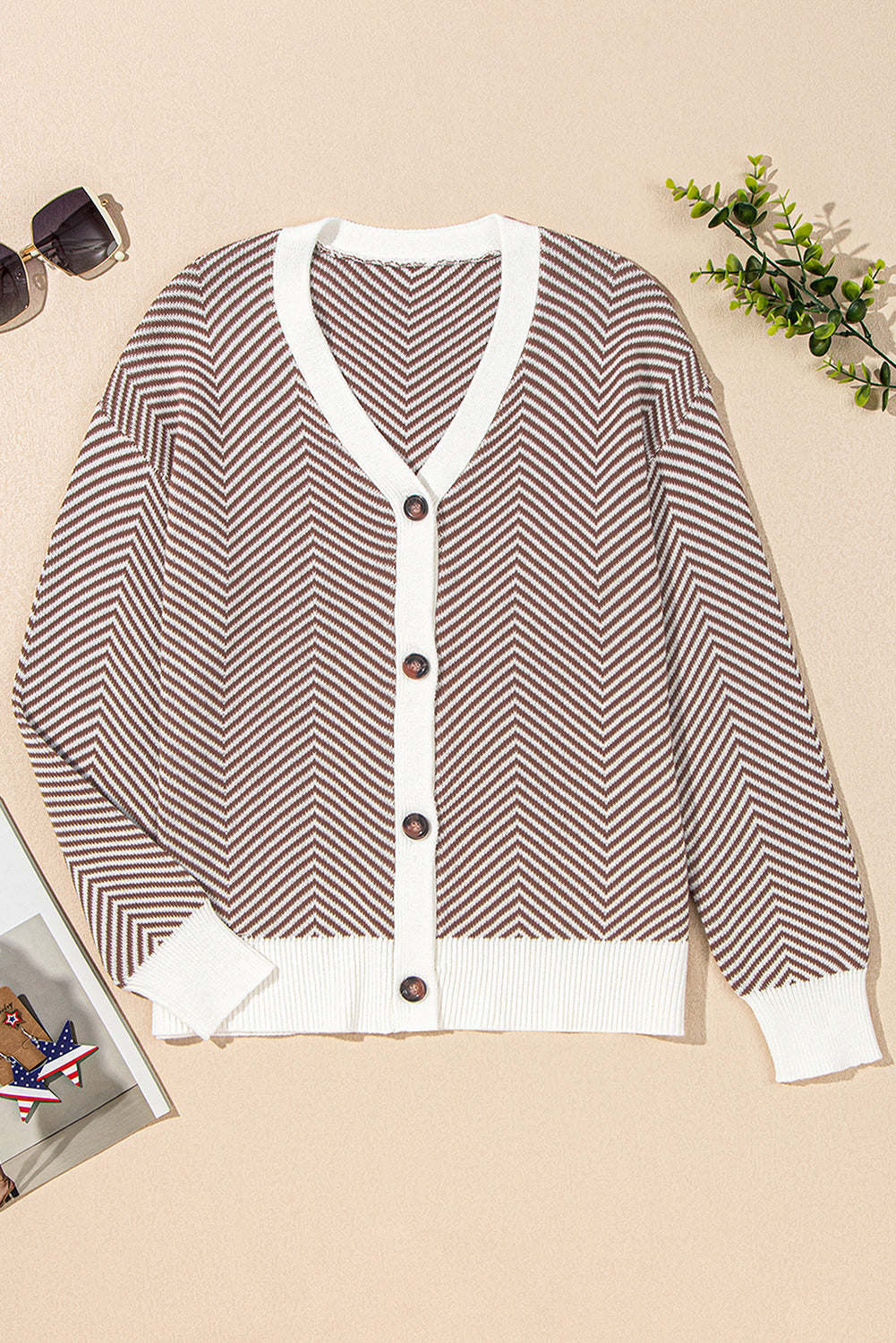 Buttoned Front V Neck Herringbone Cardigan