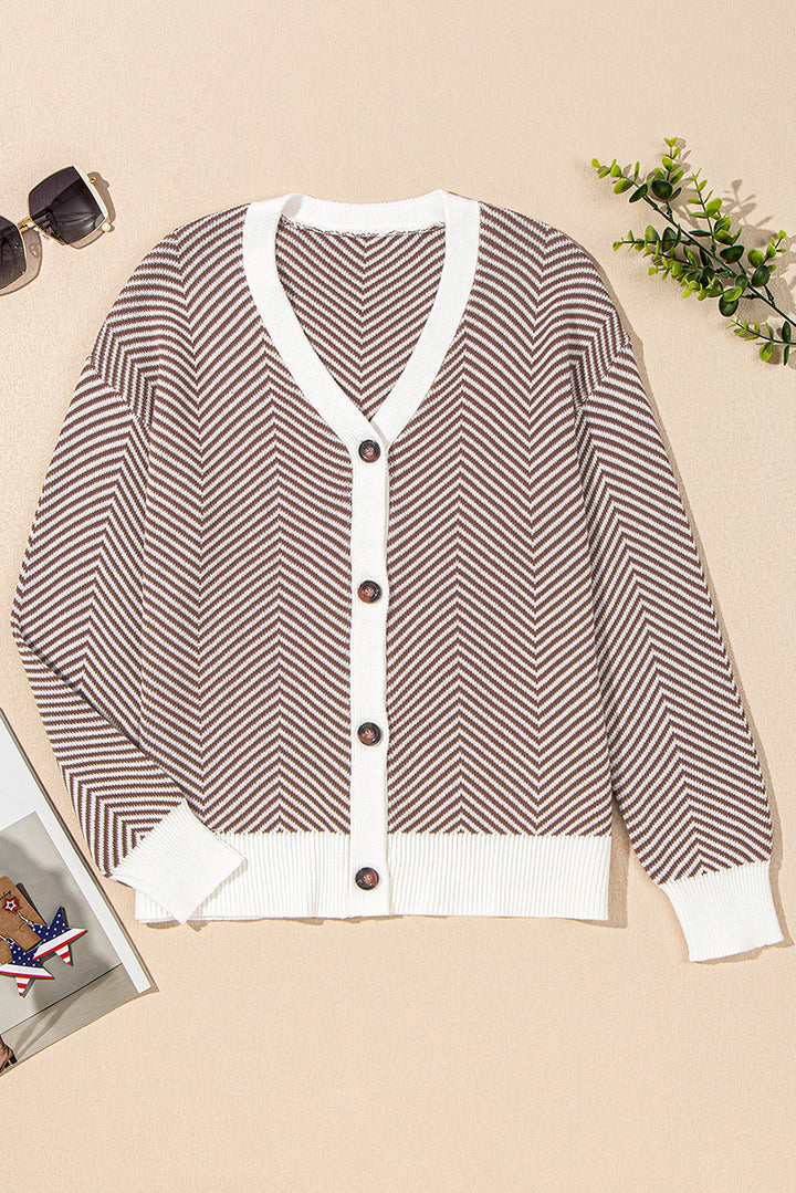 Buttoned Front V Neck Herringbone Cardigan