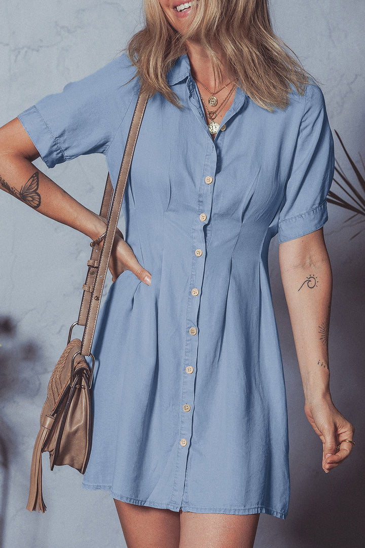denim pleated slim waist short sleeve shirt dress