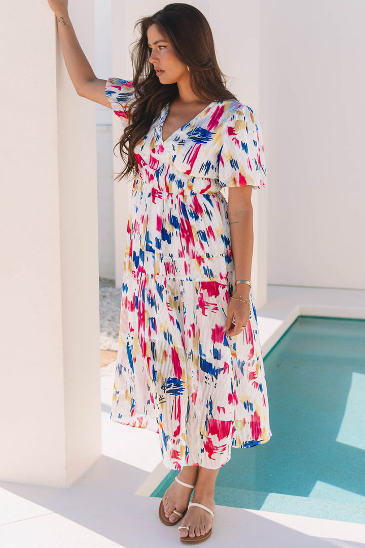 Abstract Print Short Puff Sleeve Tiered Maxi Dress