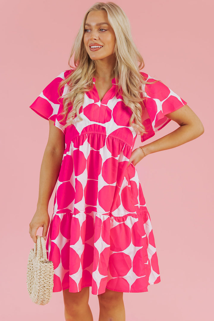 Polka Dot Flutter Sleeve Notched Neck Tiered Flowy Dress