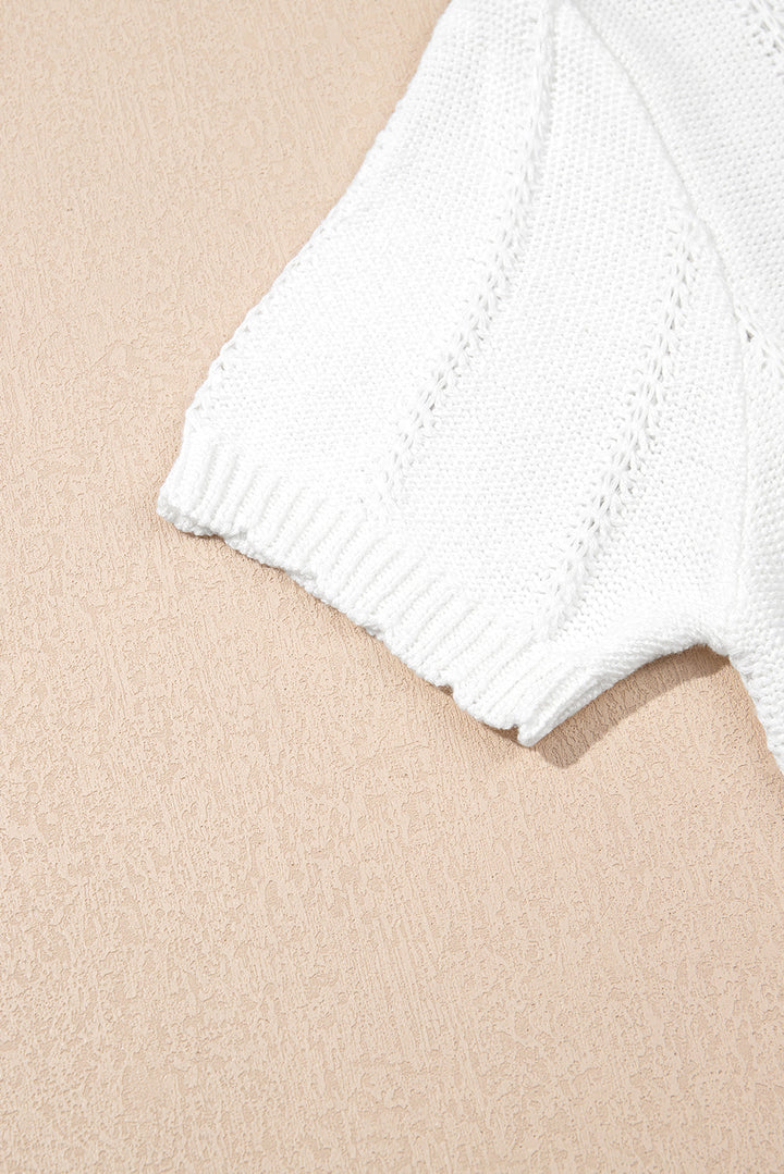 Pointelle Knit Short Puff Sleeve Crewneck Sweater