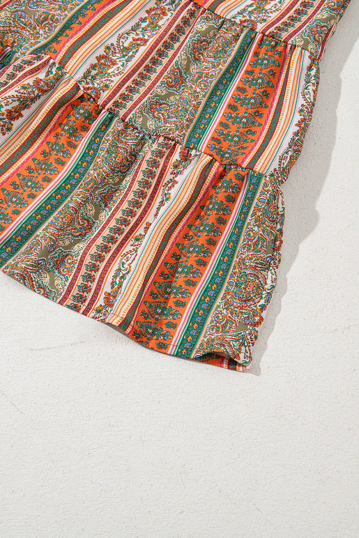 bohemian floral print buttoned v neck ruffle tiered dress