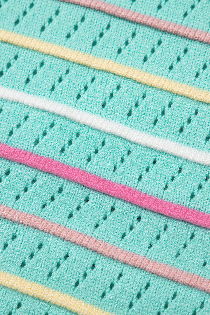 Colorful Striped Eyelet Knit Ruffled Sleeve Sweater T Shirt