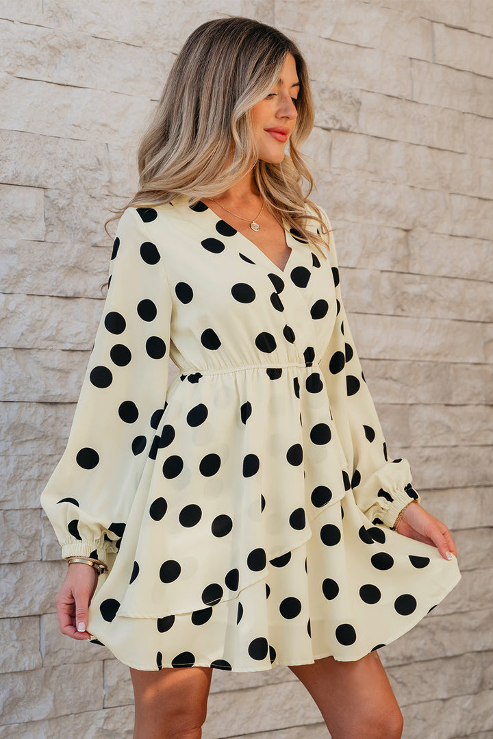 Polka Dot Printed Surplice V Neck Puff Sleeve Mini Dress
