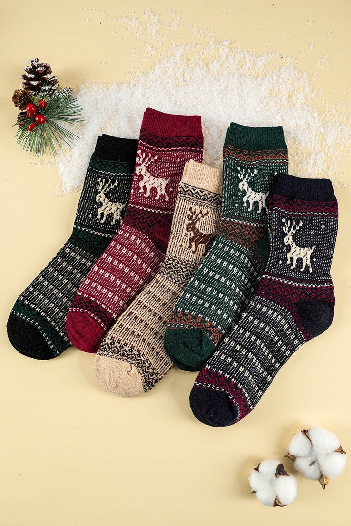 5 Paar/Set weiche Crew-Socken mit Weihnachts-Rentiermotiv