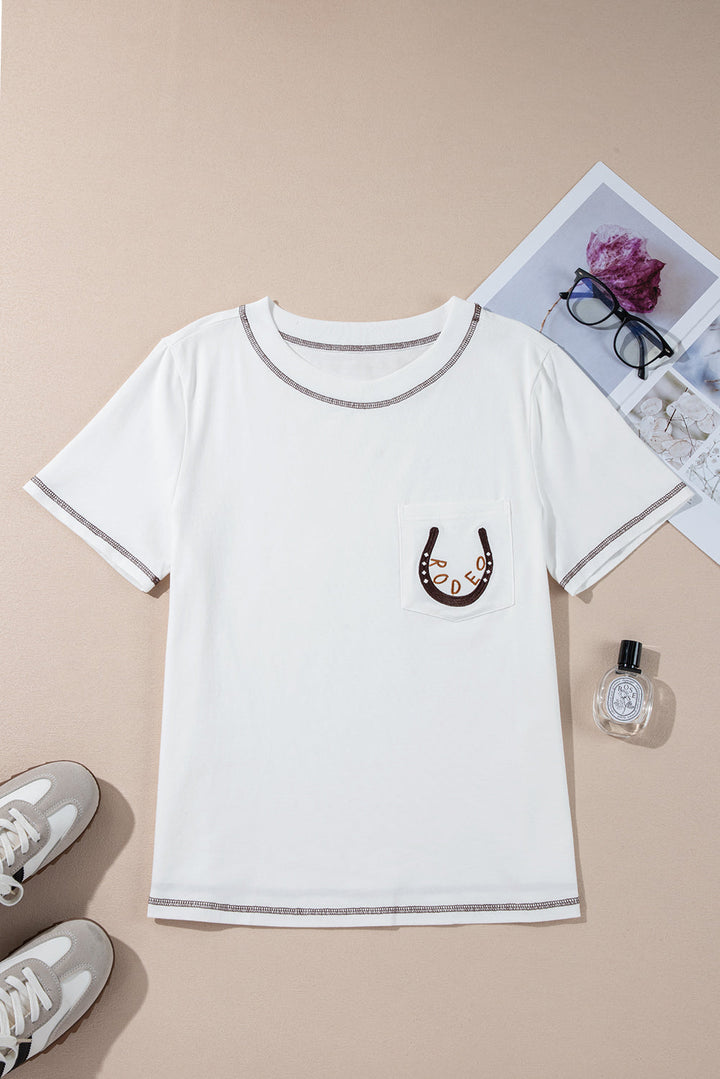 rodeo horseshoe embroidered patch pocket t shirt