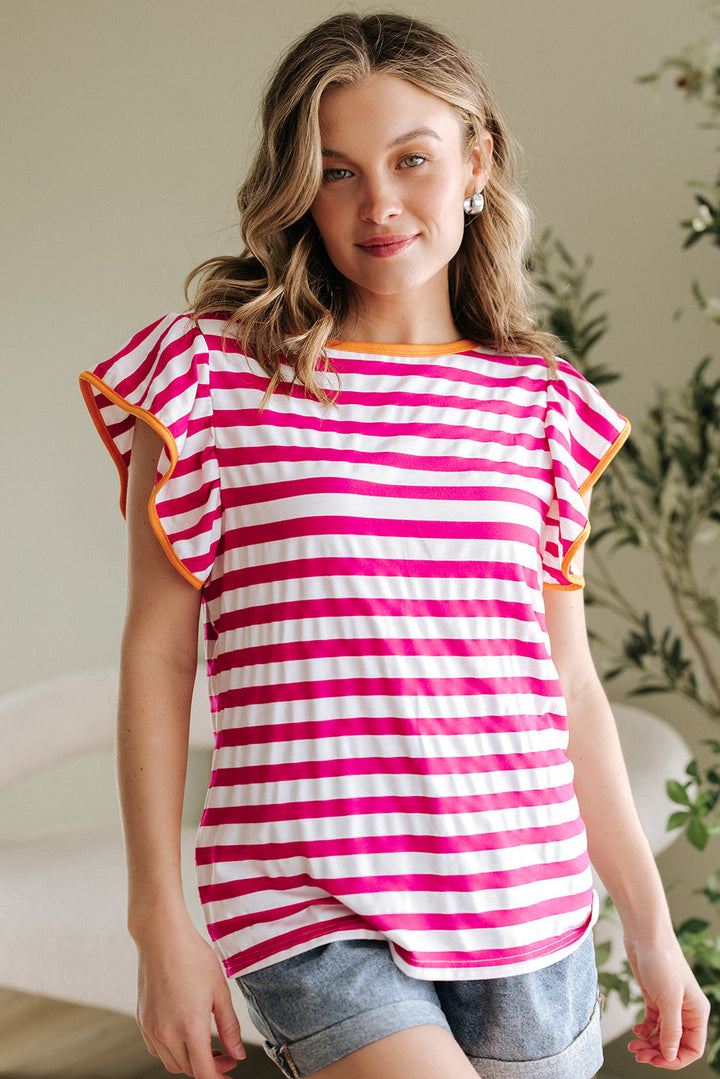 Striped Ruffle Sleeve Crew Neck Blouse