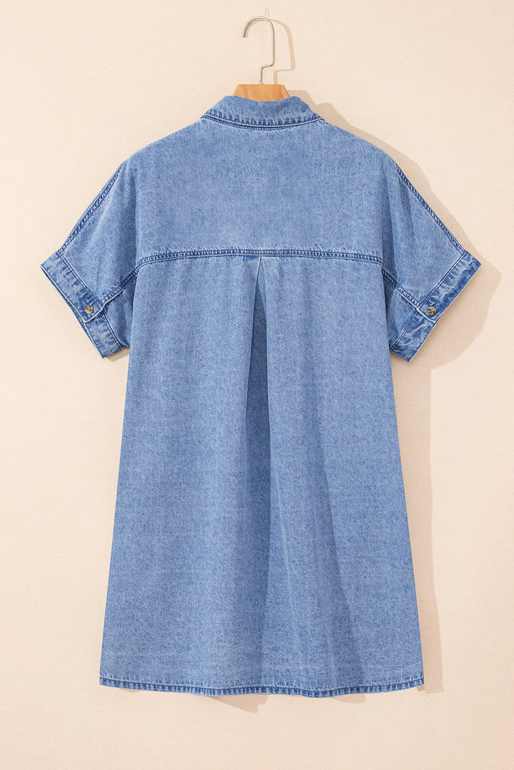 Short Sleeve Pocketed Button up Denim Tunic Dress