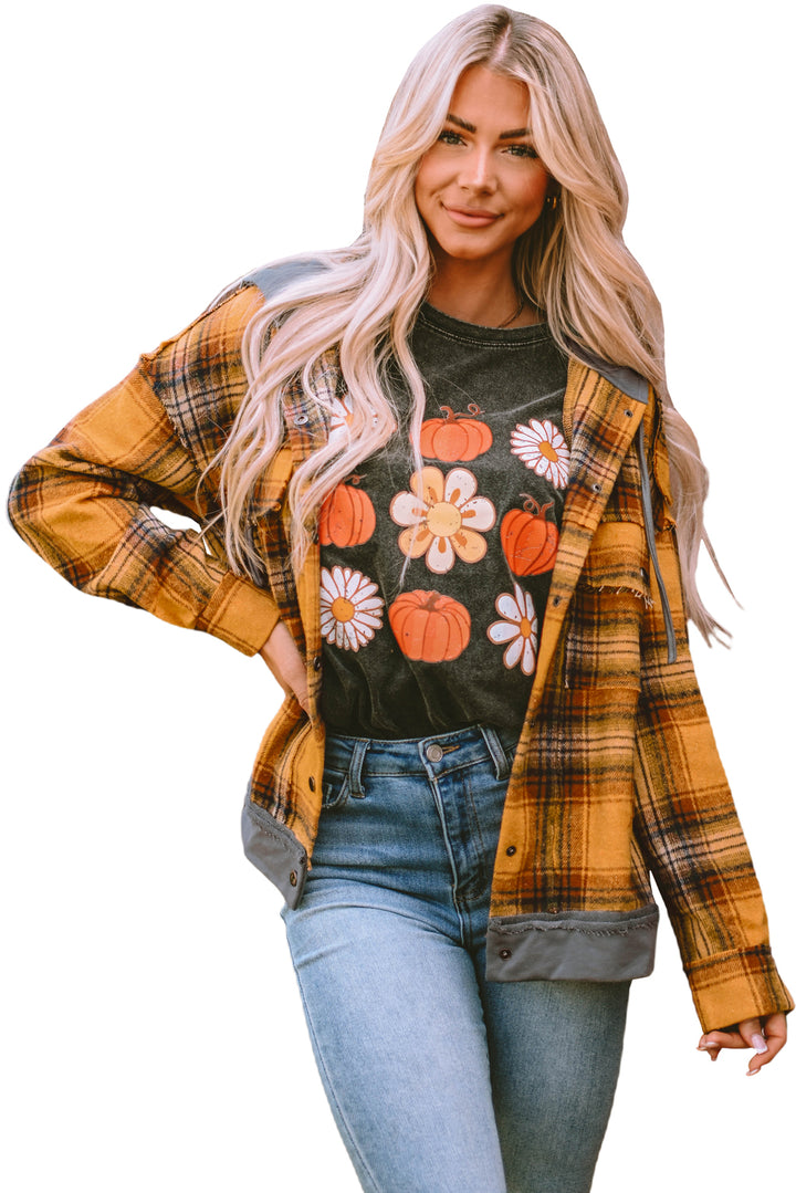 Plaid Patch Hooded Frayed Snap Button Jacket