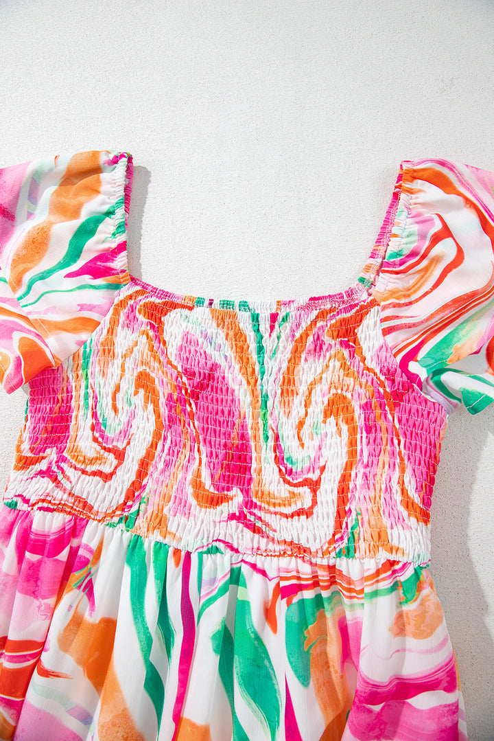 Abstract Print Ruffled Sleeve Smocked Bust Maxi Dress