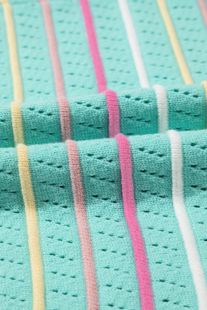 Colorful Striped Eyelet Knit Ruffled Sleeve Sweater T Shirt