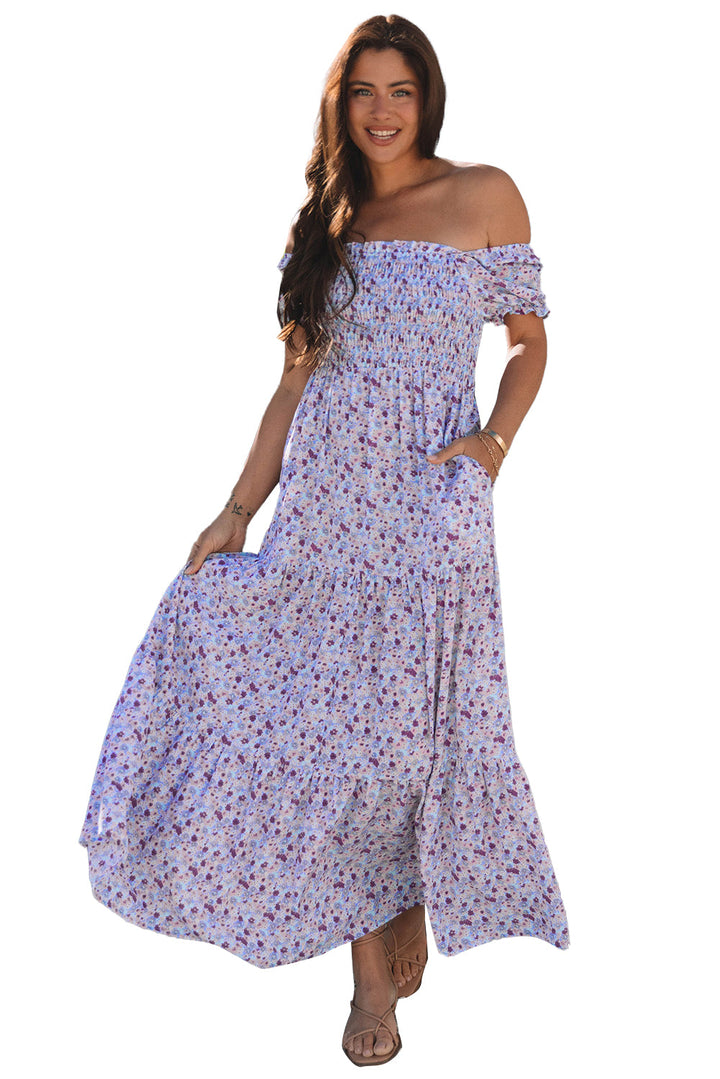 Floral Short Bubble Sleeve Shirred High Waist Maxi Dress