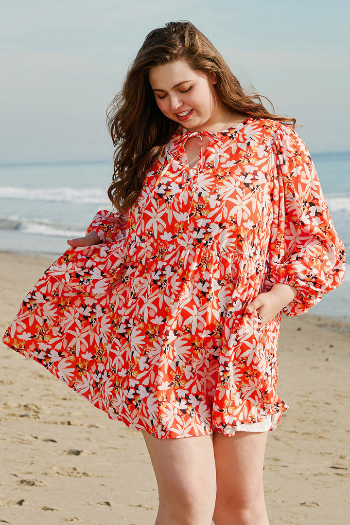 Floral Print Split V Neck Bubble Sleeve Plus Size Midi Dress