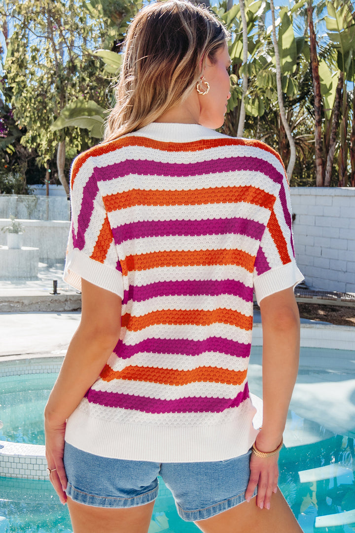 V Neck Short Sleeve Sweater with Side Slits