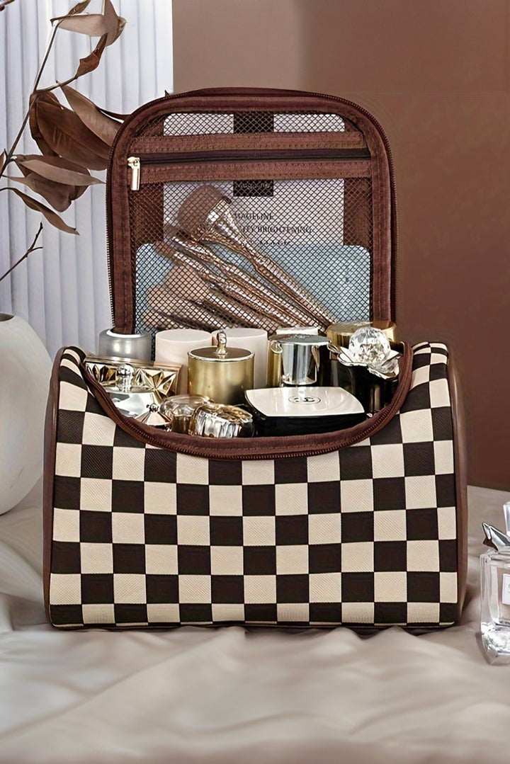 Trousse de maquillage zippée en cuir PU à carreaux