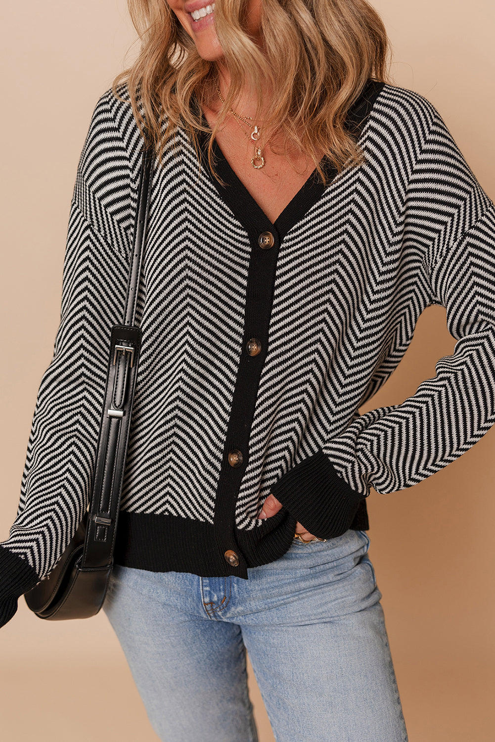 Buttoned Front V Neck Herringbone Cardigan