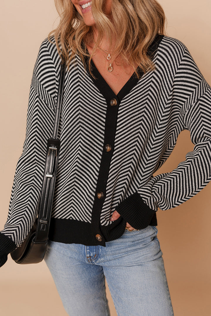Buttoned Front V Neck Herringbone Cardigan