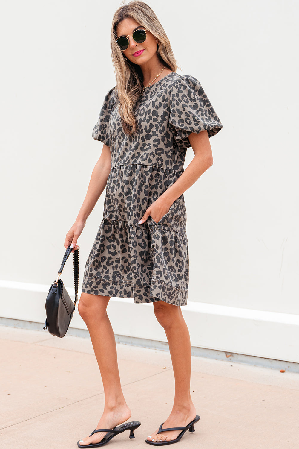 denim leopard printed short puff sleeve mini dress