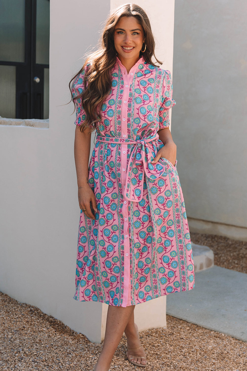 Floral Shirred Puff Sleeve Buttoned Front Midi Dress with Sash