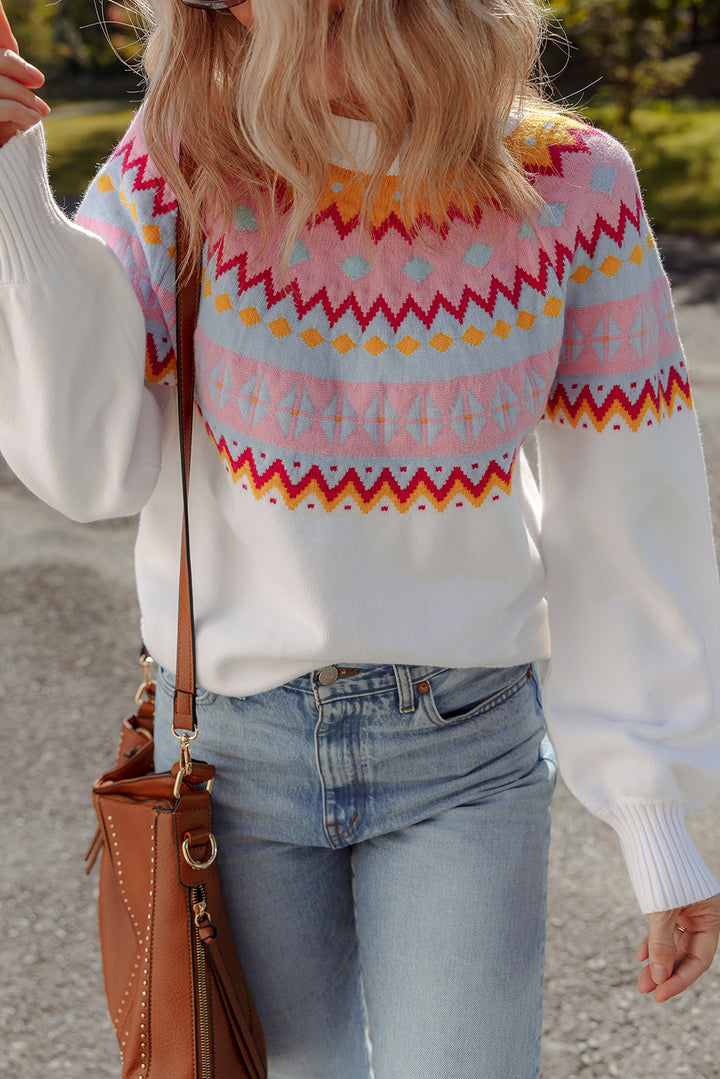 Ethnic Geometric Colorblock Print Drop Shoulder Sweater