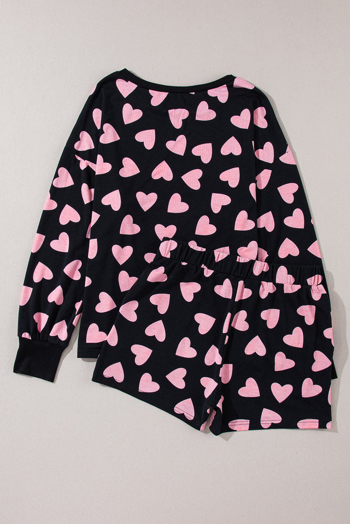 valentine heart shape print long sleeve top shorts lounge set