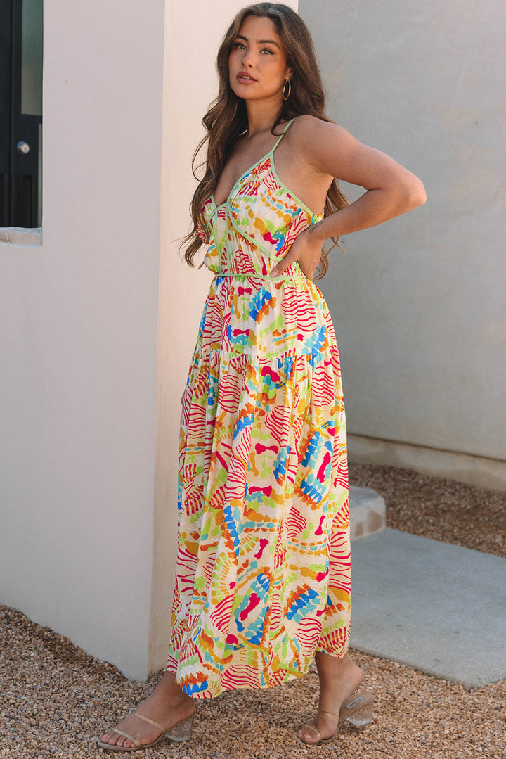 Abstract Print Spaghetti Strap Piping Detail Maxi Dres