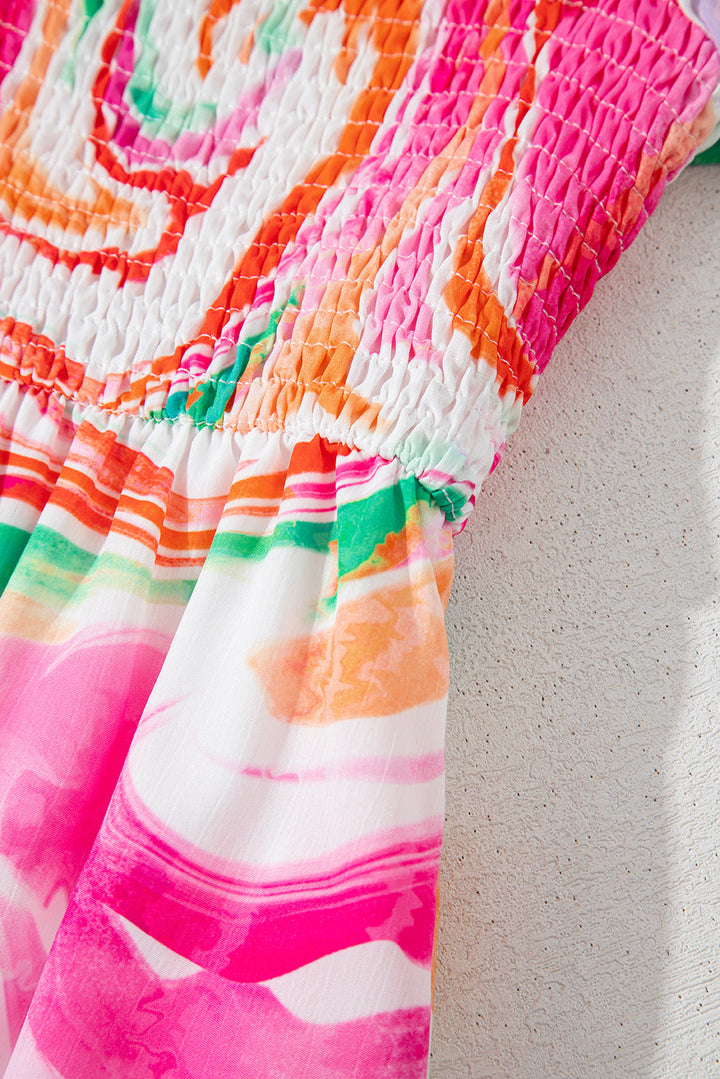 Abstract Print Ruffled Sleeve Smocked Bust Maxi Dress
