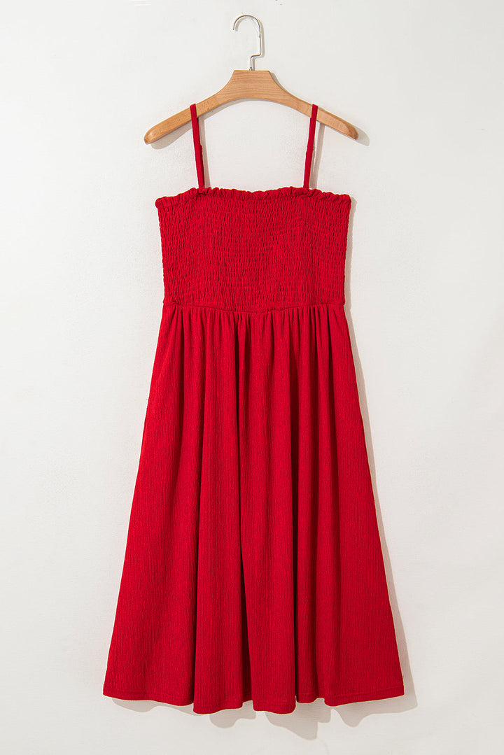 textured shirred ruffled trim spaghetti strap midi dress