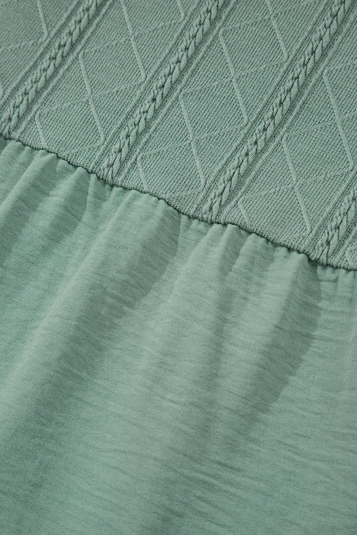 tie split neck textured ruffle patchwork blouse