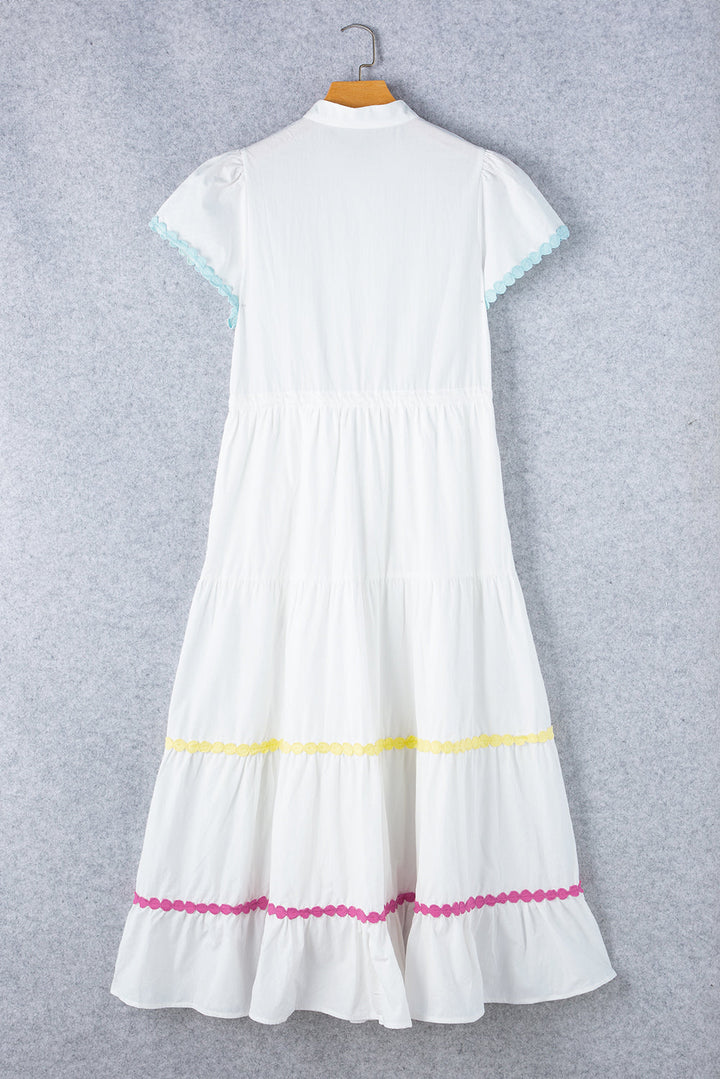 Colorblock Rickrack Trim Short Sleeve Drawstring Waist Long Dress