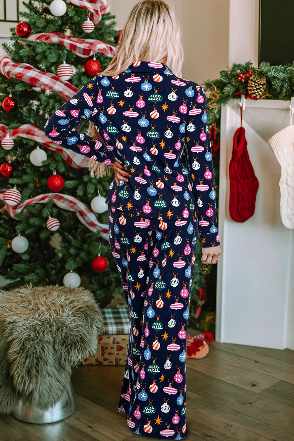 colorful christmas lights print shirt and pants pajama set