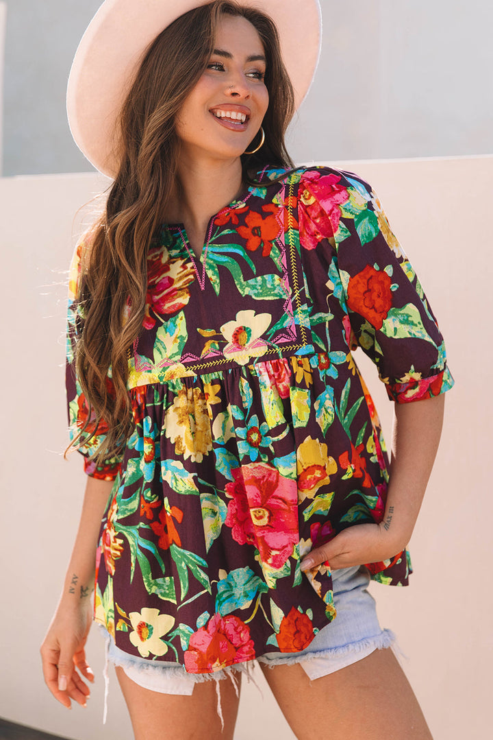 Rose Flower Embroidered Trim Half Sleeve Blouse