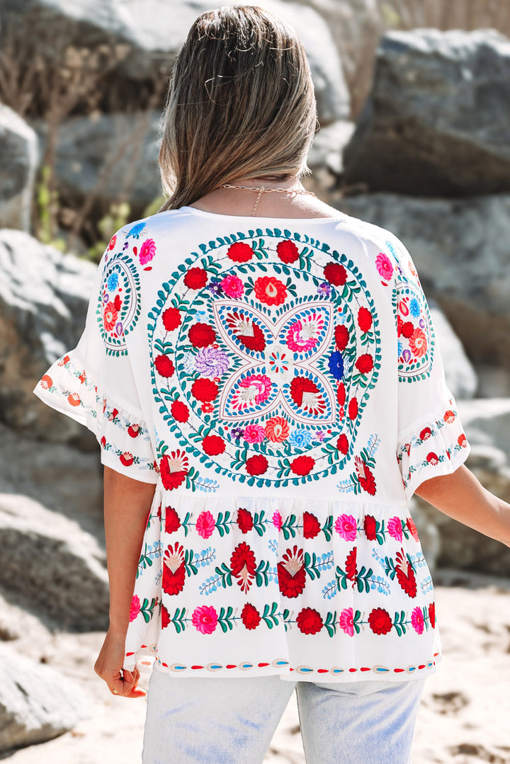 Boho Floral Print Round Neck Ruffle Trim Blouse