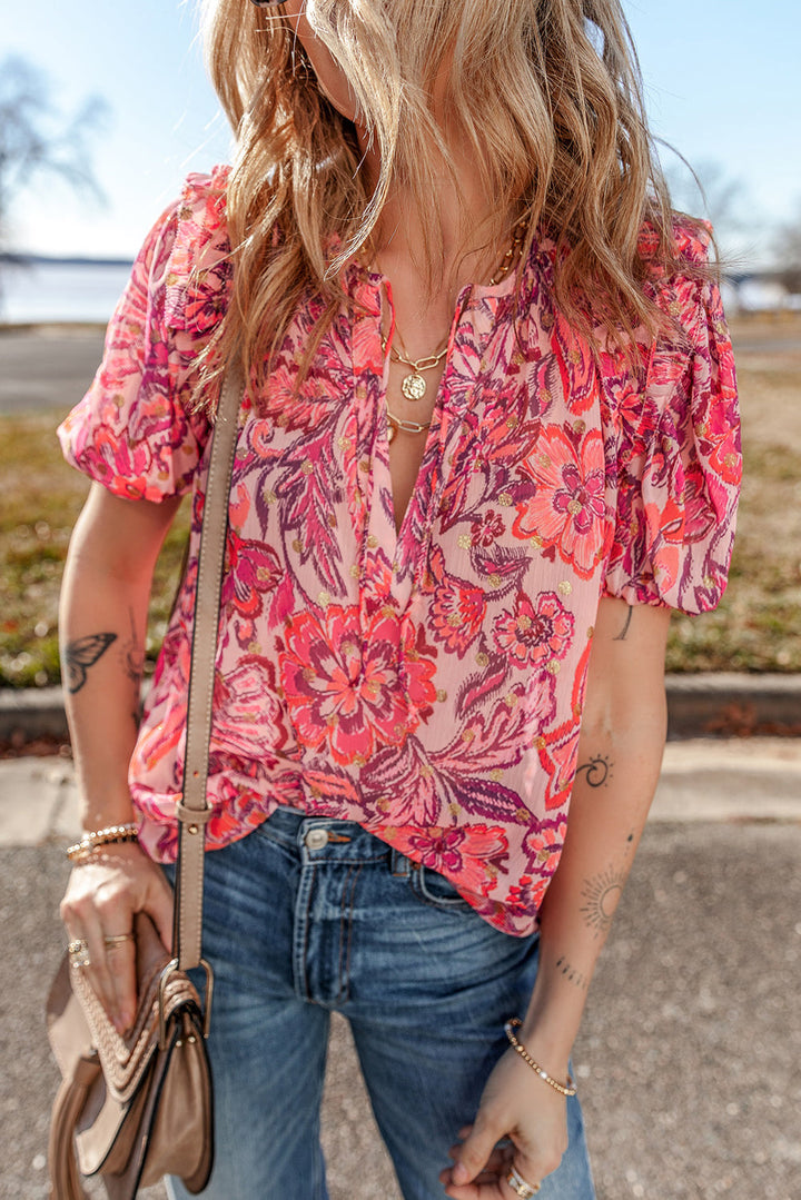 floral print ruffled puff short sleeve blouse