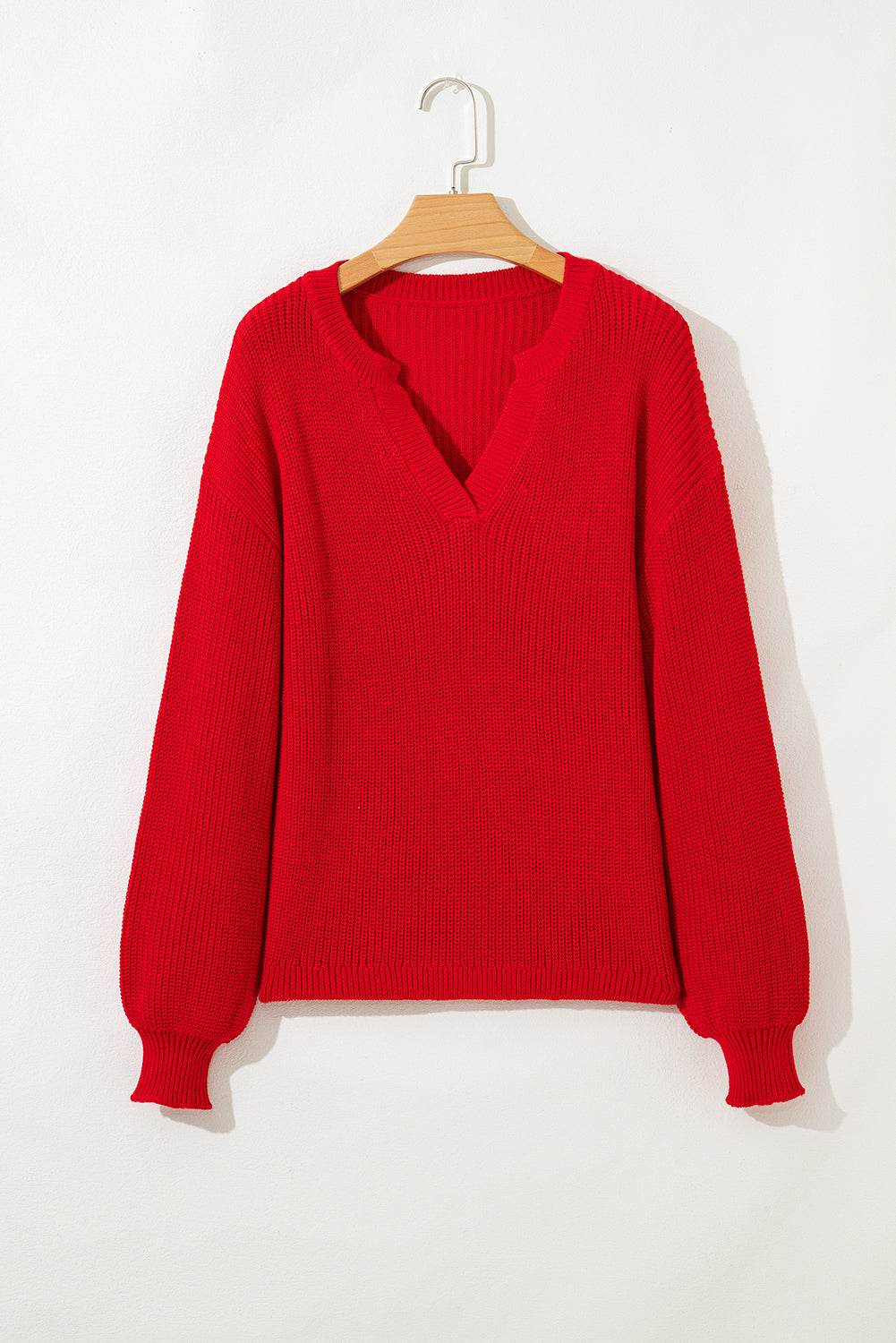 Solid Textured Knit V Neck Drop Shoulder Sweater