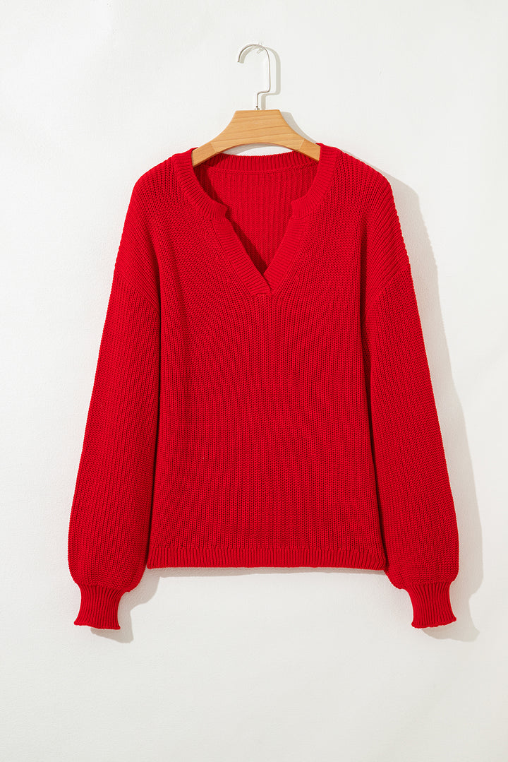Solid Textured Knit V Neck Drop Shoulder Sweater