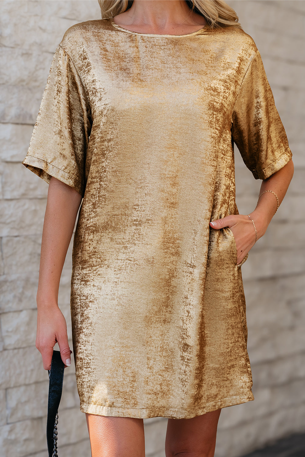 Metallic Luster Crewneck Mini T-Shirt Dress