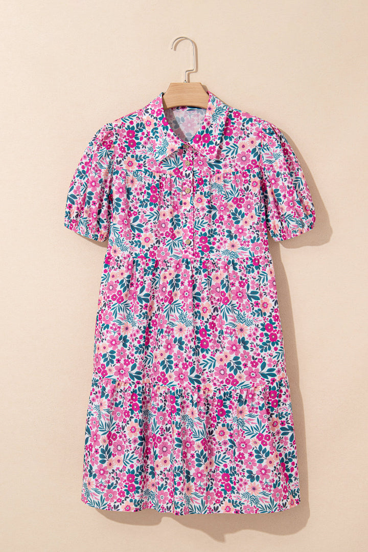 floral collared half placket short sleeve loose dress