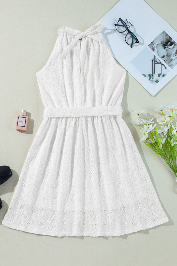 Lace Sleeveless Knot Hollow Out Back Tied Waist Mini Dress