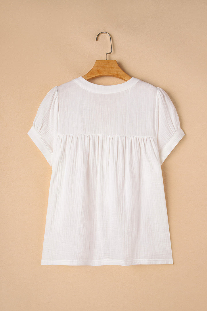 textured short sleeve buttons frayed blouse